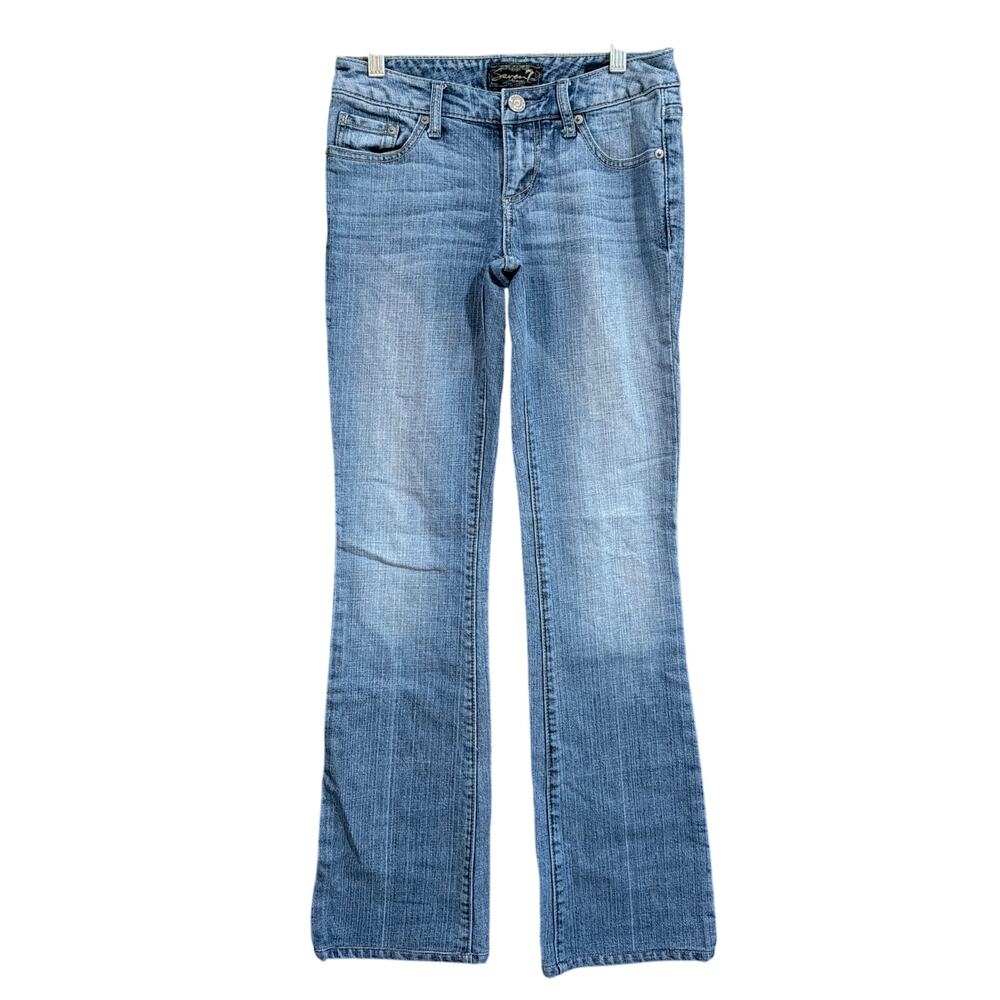 Seven7 Womens Jeans Blue Denim Low Rise Flare Bedazzled Pockets Stretch 25